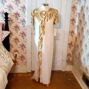 Fully Beaded Gold & Ivory Floor Length Evening Dress